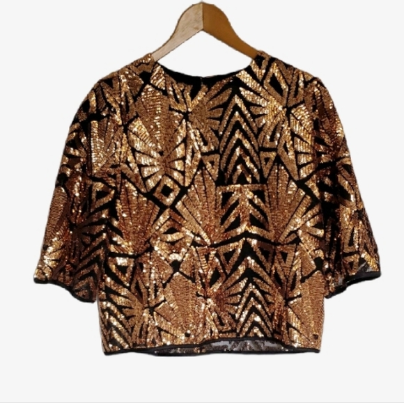 Everly Tops - Everly Boutique Metallic Geometric Sequin Glam Event Crop Top Shirt Gold